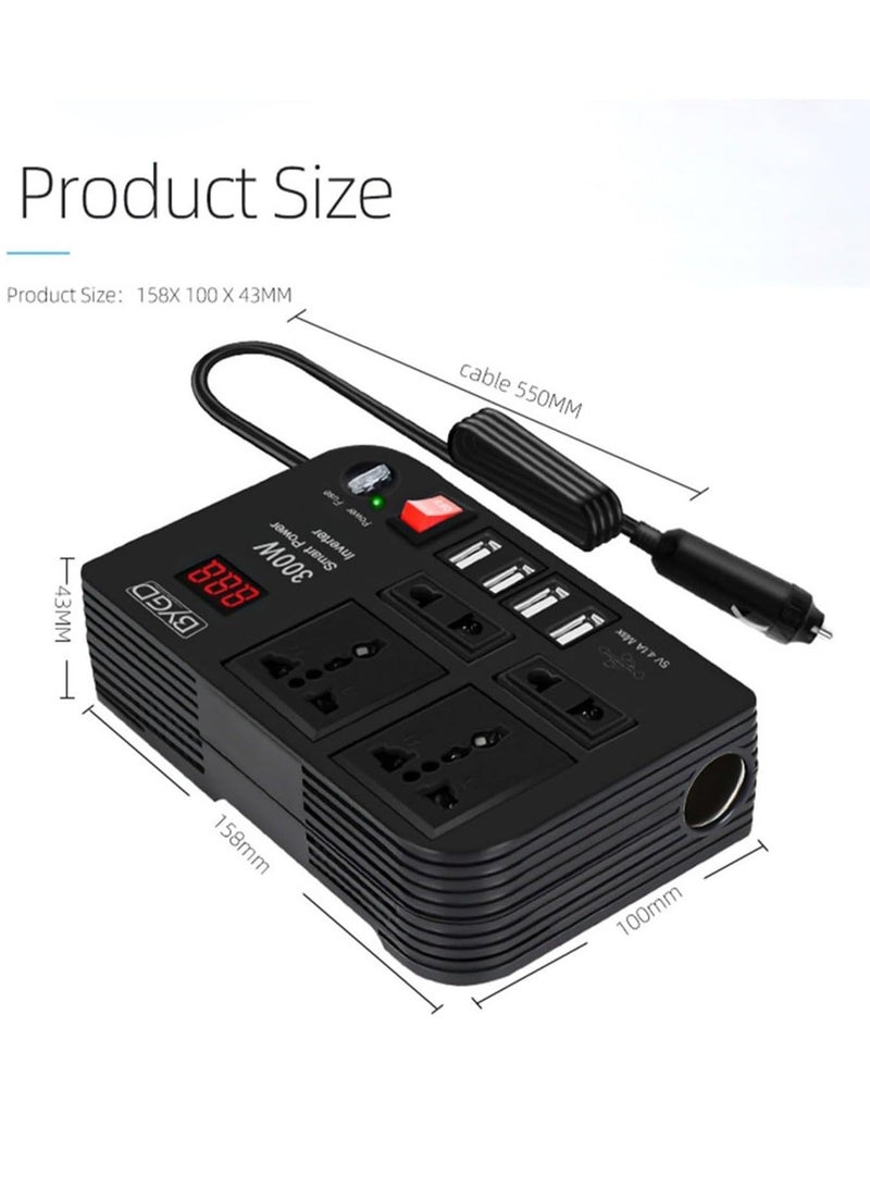 BYGD محول طاقة السيارة 300 واط DC 12V/24V إلى 220V AC مع 4 منافذ USB للشحن السريع و 2 مقبس عالمي مع شاشة LED متعددة الوظائف - Image 2